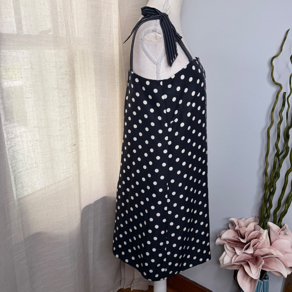 NWT J.Crew Polka Dot Dress Tie Shoulder Silk Linen Blend Navy Women's Size 8 - Picture 3 of 9